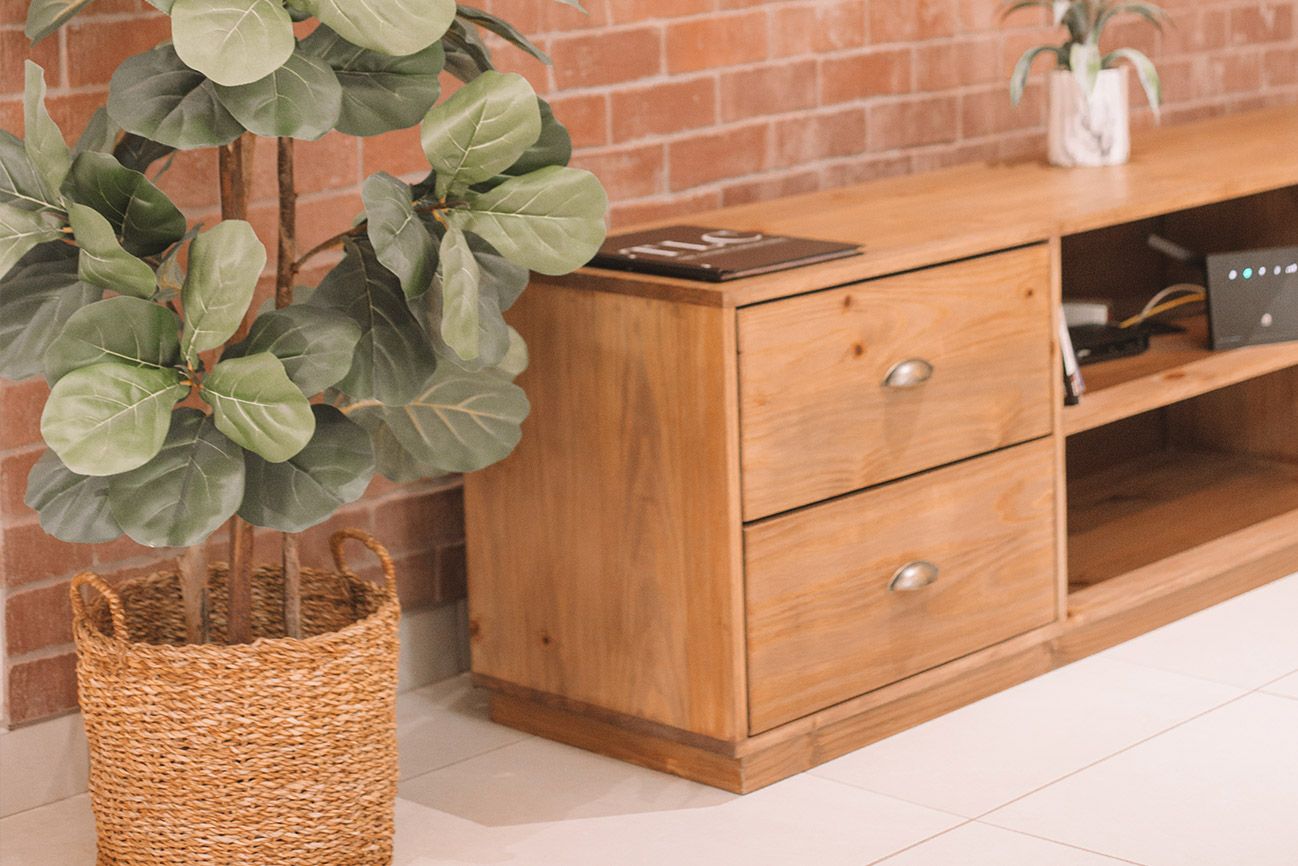 A timber cabinet and a fig tree against a brick wall in Unit 5