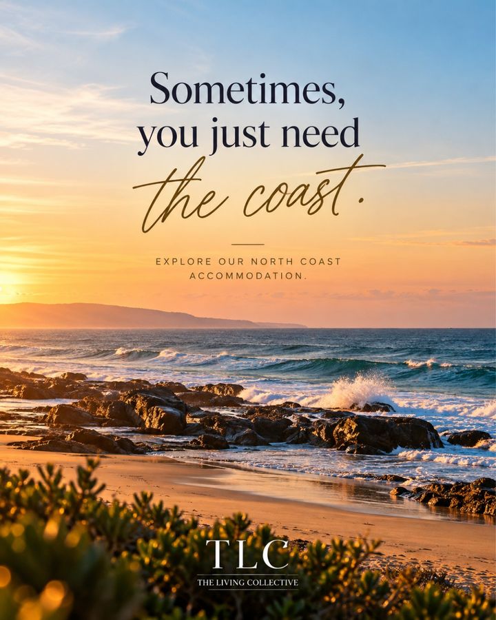 Photo from The Living Collective's Instagram, 14 October 2026: Sometimes, a little time by the coast is exactly what you need. Slow mornings, salty air and a change of scenery are waiting on the North Coast.