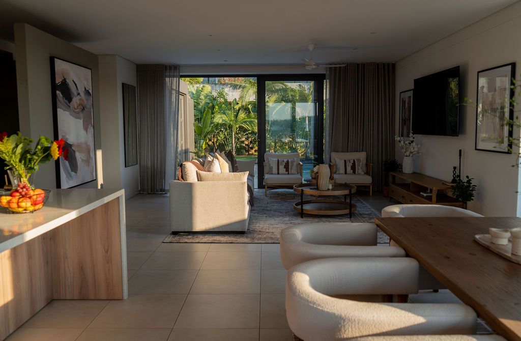 The lounge looking out through the sliding doors